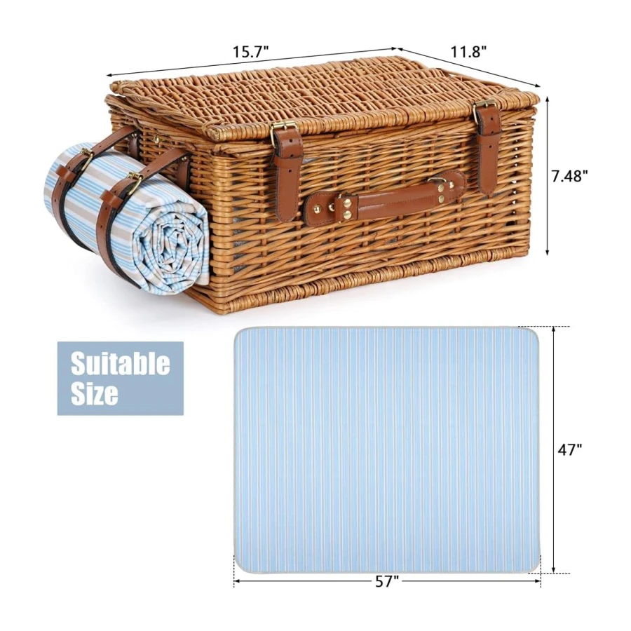 Juego de cesta de picnic para 2 personas, cesta de sauce con gran compartimento térmico aislante, manta impermeable y kit de servicio de cubiertos, marrón clásico