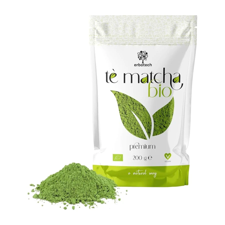 ERBOTECH Te Matcha BIO/Polvo de Té Verde Japonés Orgánico 200 g, Multivitamínico 100% Natural, Vegan. Ideal para Pasteles, Batidos, Thé Helado