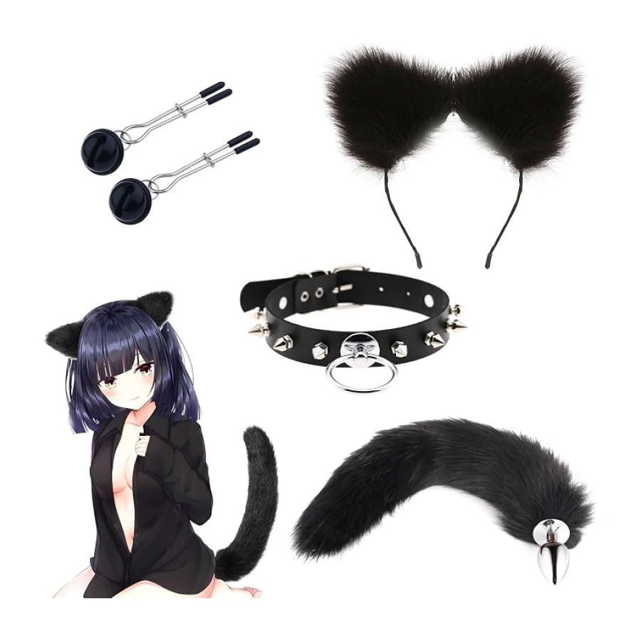 Qoosea 4 Piezas Plugs Anals de Acero Inoxidable con Cola de Zorro, Masturbador de Ano Anal Abrazaderas para Pezones + Collar + Orejas de Gato SM Juguete Sexual Butt Plug para Parejas Cosplay