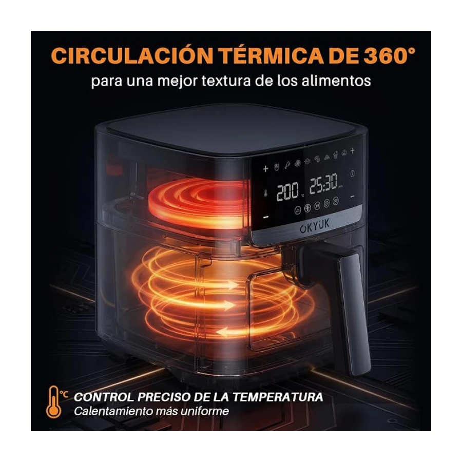 OKYUK Air Fryer 6L, Freidora de Aire, Freidora Aire Ventana Visualización, Freidora sin aceite, 8 programas, pantalla LED digital, temporizador, fácil de usar, Temperatura 80-200°C