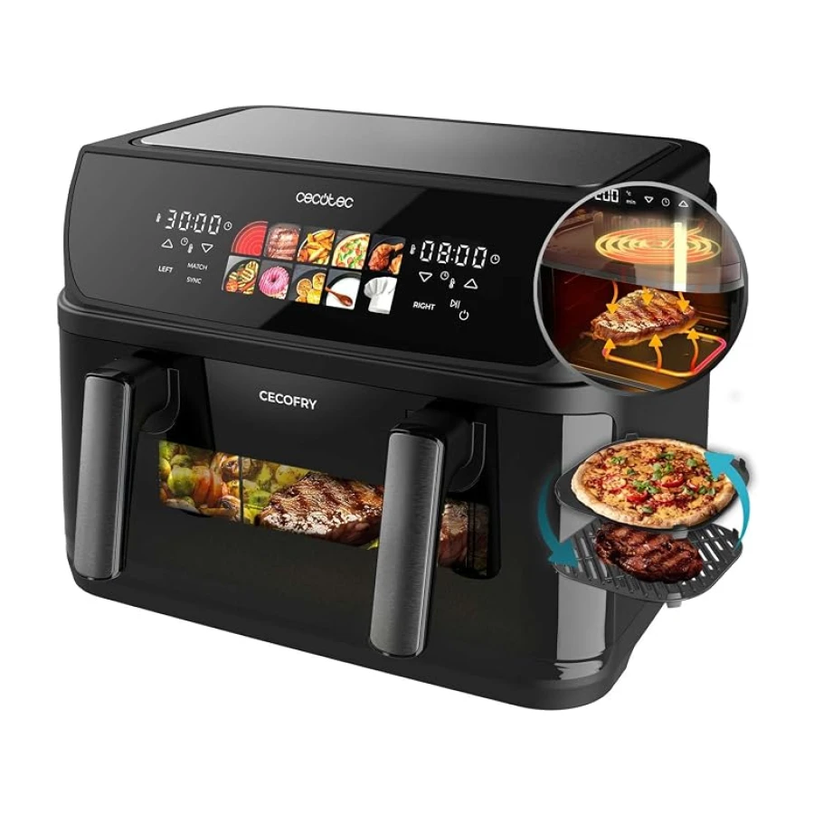 Cecotec Freidora de Aire 10 L Cecofry&Grill Duoheat 10000 2800W | Cuatro Resistencias para Dorado Perfecto, Temperatura Dual, Pared Divisoria Móvil, Dos Cestillos Independientes, Plancha