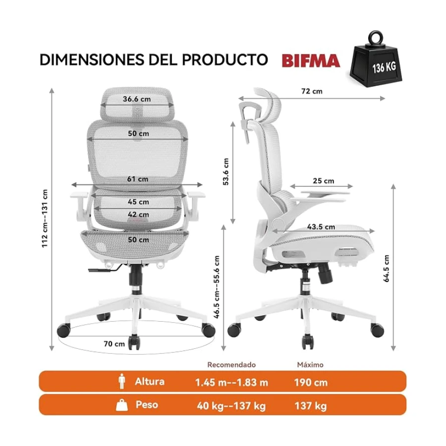 SIHOO B100 Silla de Oficina Malla, Soporte Lumbar Adaptable, 136kg, Blanco | Reposacabezas Ancho Ajustable, Reposabrazos Abatibles, Respaldo Malla Completa Transpirable,Bloqueo Inclinación 3 Velocidades