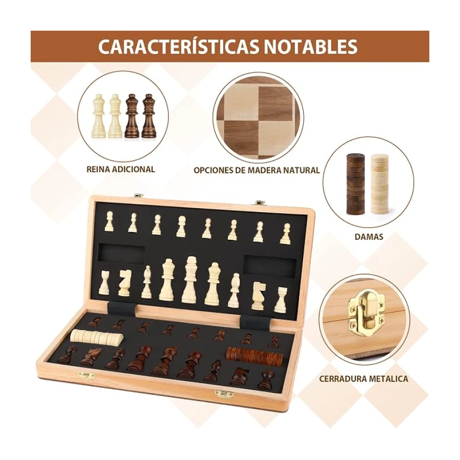 Peradix 2 en 1 Ajedrez Magnético y Damas, Ajedrez Madera 38 X 38CM, con 2 Reinas Extra, Plegable y Fácil de Llevar, Regalos Ideales y Juegos del Aire Libre