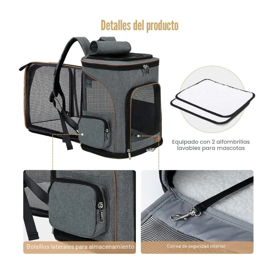 Lekesky Transportin Gato Mochilas para Gatos y Perro Bolsa para Mascotas Expandible Mochila Gato para Automóvil/Avión (Gris, M),