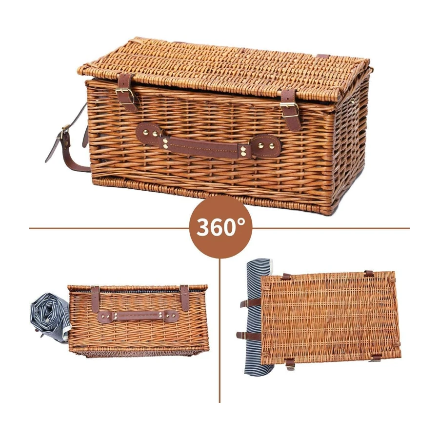 Cesta de Picnic para 4 Juegos - Picnic de Mimbre con Gran Compartimento Aislado y Manta Impermeable y Kit de Servicio de Cubiertos Retro Clásico Sauce Picnic Cesta para Camping al Aire Libre Fiesta