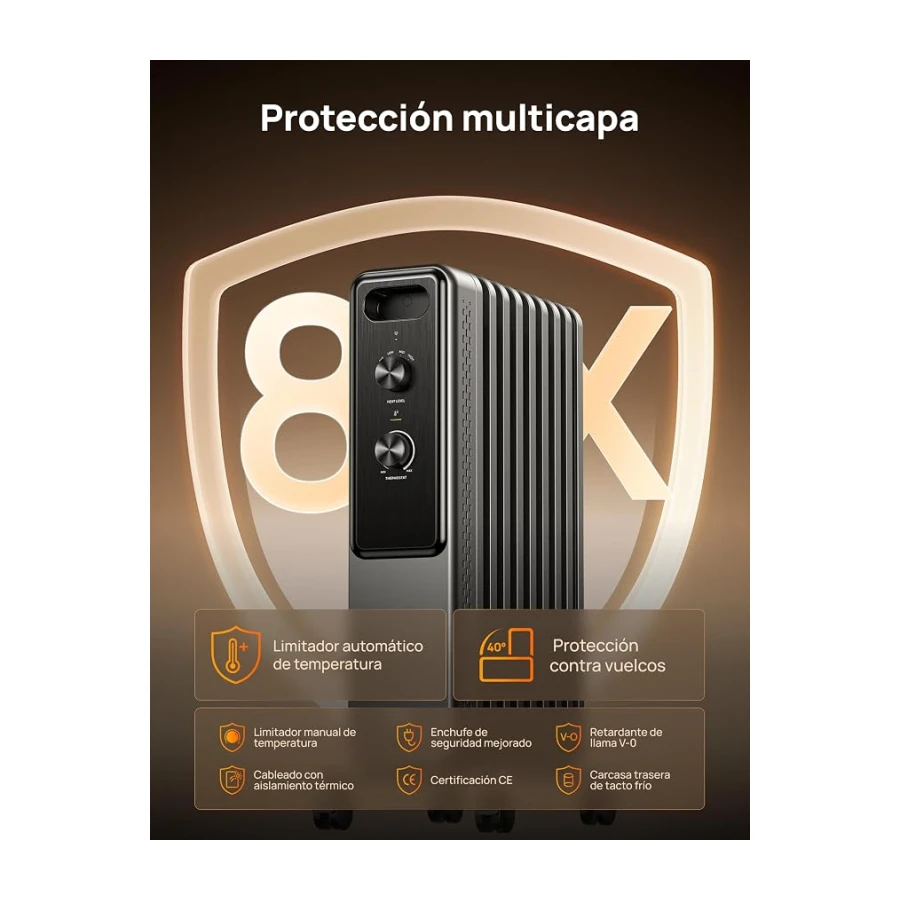 Dreo Radiador de aceite con 9 aletas 2000W, calefactor eléctrico silencioso para dormitorio, termostato ajustable, protección contra sobrecalentamiento y vuelco, seguridad infantil, bajo consumo