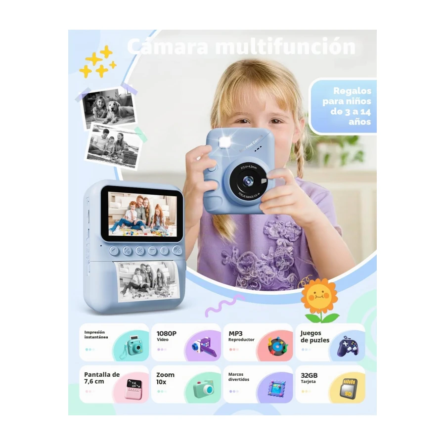 TIATUA Camara Fotos Infantil instantanea, 3,0'' HD 48 MP Cámara Instantánea para Niños con Tarjeta de 32 GB y 3 Rollos de Papel, Regalo para Niños y Niñas de 3 a 12 Años (Azul)