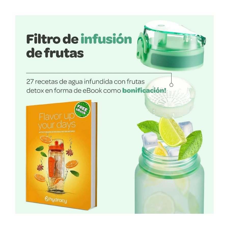 Hydracy Botella de Agua con Marcador de Tiempo - 500 mL Botella de Agua Deportiva sin BPA - Botella de Gimnasio Antifugas con Funda Antitranspirante e Colador de Infusión