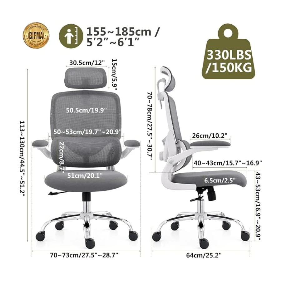Silla Ergonómica para Oficina, Silla de Escritorio Respaldo Alto de Malla, Soporte Lumbar Ajustable, Reposabrazos Abatible, Reposacabezas Desmontable, Silla Giratoria para Juegos, 150 KG