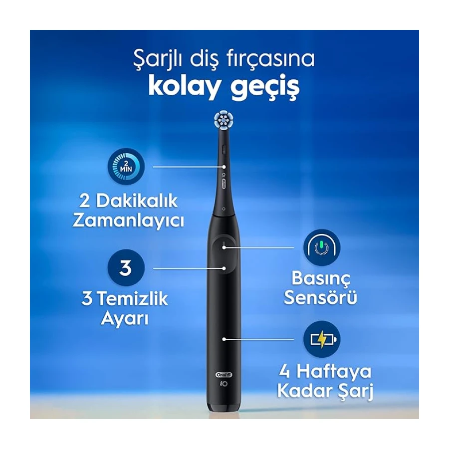 Oral-B iO2 Siyah Şarjlı/Elektrikli Diş Fırçası, 1 Fırça Başlığı, Tek Şarjda 4 Haftaya Varan Kullanım, Seyahat Kabı