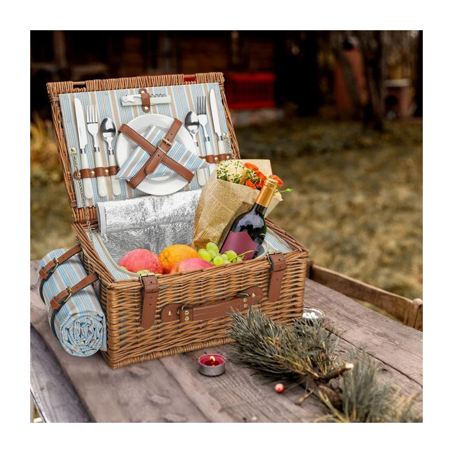 Juego de cesta de picnic para 2 personas, cesta de sauce con gran compartimento térmico aislante, manta impermeable y kit de servicio de cubiertos, marrón clásico