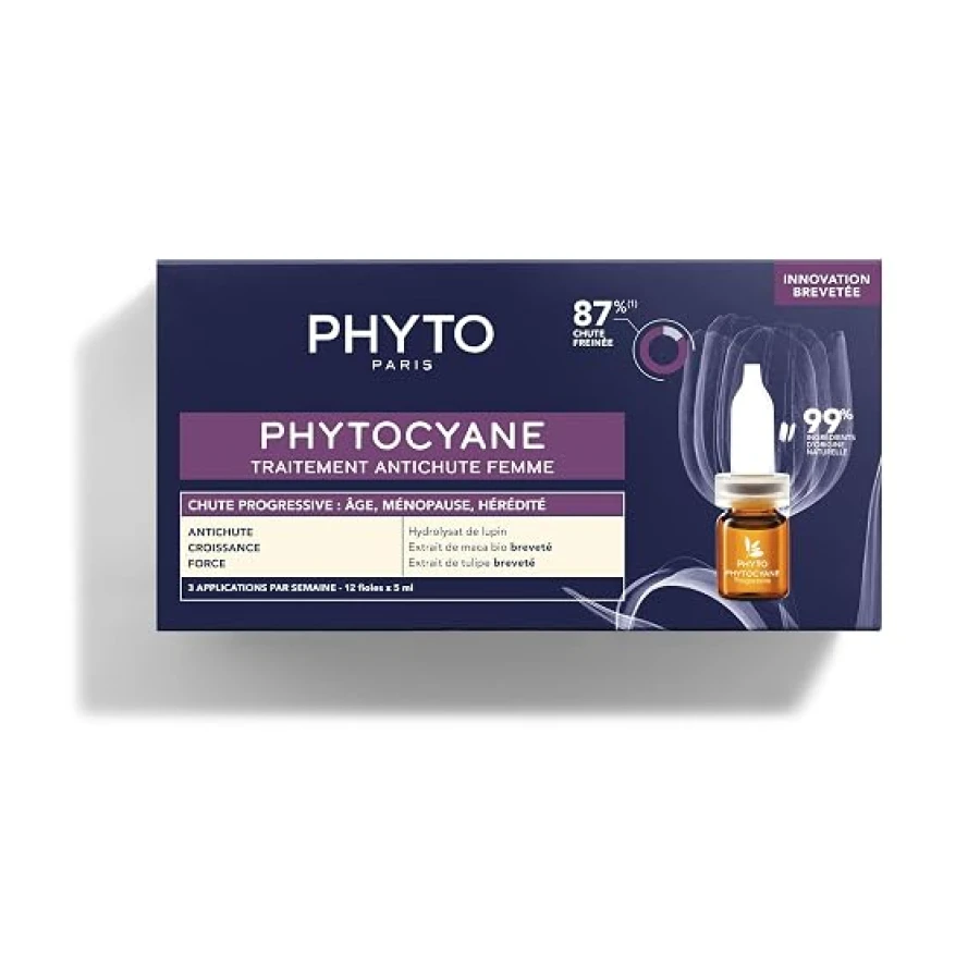 Phyto Paris - Phytocyane - Tratamiento Anticaída Progresiva Mujer 12 x 5ml - Maca Bio Patentada - Hidrolizado de Lupino - 85% Caída Frenada - Sin Aclarado