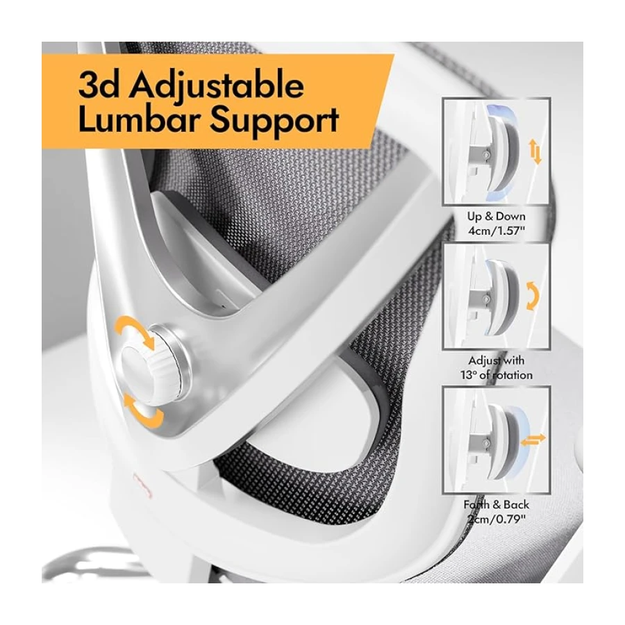 HOLLUDLE Silla de Oficina ergonómica con Soporte Lumbar 3D y reposabrazos 3D Ajustables – Diseño en Forma de V, Silla de Escritorio cómoda para Oficina y hogar, Blanca