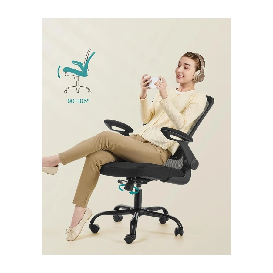 SONGMICS Silla de Oficina, Silla de Escritorio de Malla, Silla Giratoria Ergonómica, Soporte Lumbar, Oscilante, Asiento de 53 cm, Apoyabrazos Abatibles, Negro OBN037BKV2