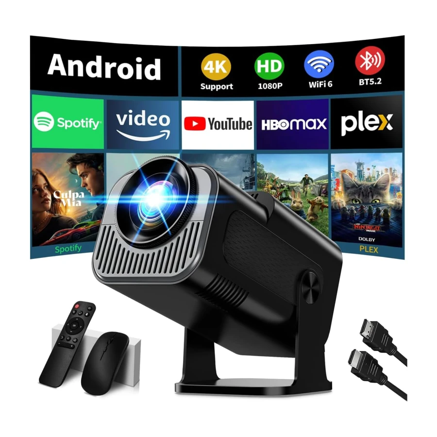 [App Integrada & 2026 Upgraded] Mini Proyector 4K 1080P Proyector Vídeo con WiFi 6 Bluetooth 5.2 Support Gira 270° Corrección Trapezoidal Automática para HDMI/TV Stick/PC/USB, Negro