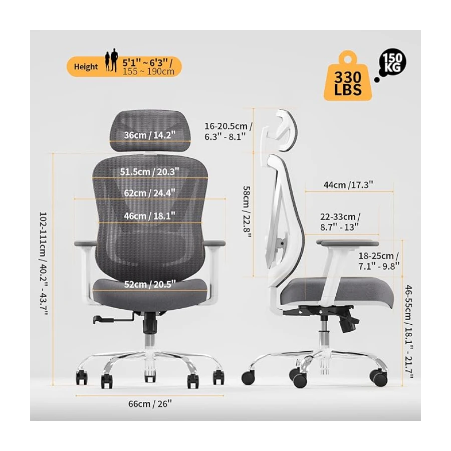HOLLUDLE Silla de Oficina ergonómica con Soporte Lumbar 3D y reposabrazos 3D Ajustables – Diseño en Forma de V, Silla de Escritorio cómoda para Oficina y hogar, Blanca