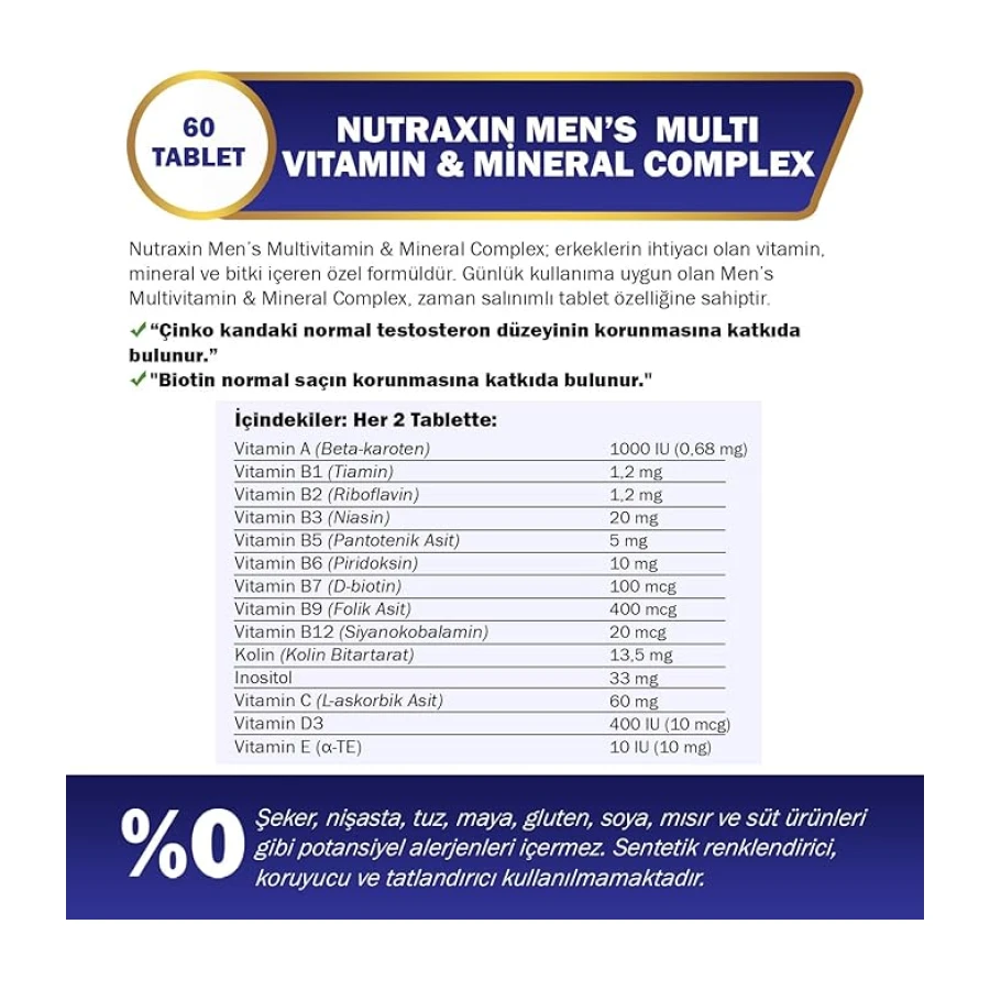 Nutraxin Men's Multi Vitamin Complex 60 Tablet Takviye Edici Gıda