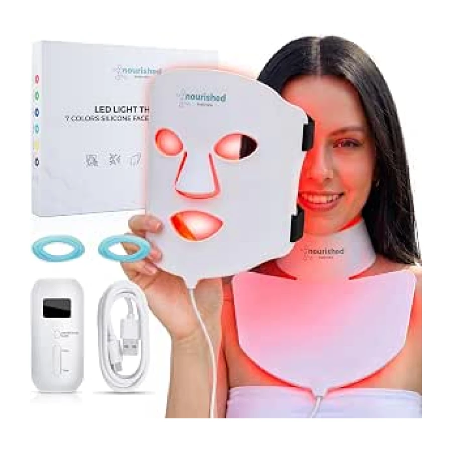 Nourished Bodynskin Máscara LED Facial, Terapia de Luz para Rostro y Cuello - Dispositivo para el Cuidado de la Piel y Arrugas - 7 Colores Rojo y Azul - Rejuvenecimiento, Producto Anti-envejecimiento