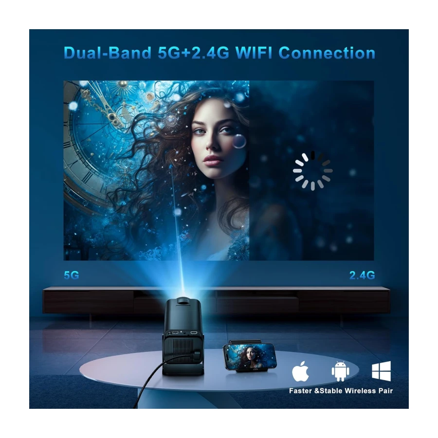 Proyector 4K, Mini Proyector con WiFi 6 BT 5.4, Portátil Videoproyector con Android 11.0 y Keystone Automático, 230 ANSI Enfoque Eléctrico, Compatible con HDMI/USB/TV Stick/Laptop, Negro