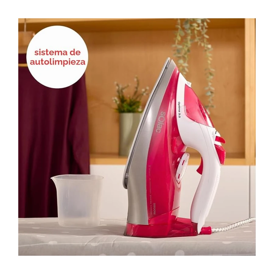 Solac - Plancha de Vapor PV2029 Optima 3.0, 2800W Potencia, Golpe de Vapor 180 g/min, Vapor Continuo 40 g/min, Vapor Vertical, Antical, Suela Cerámica, Punta de Precisión, Rojo y Blanco