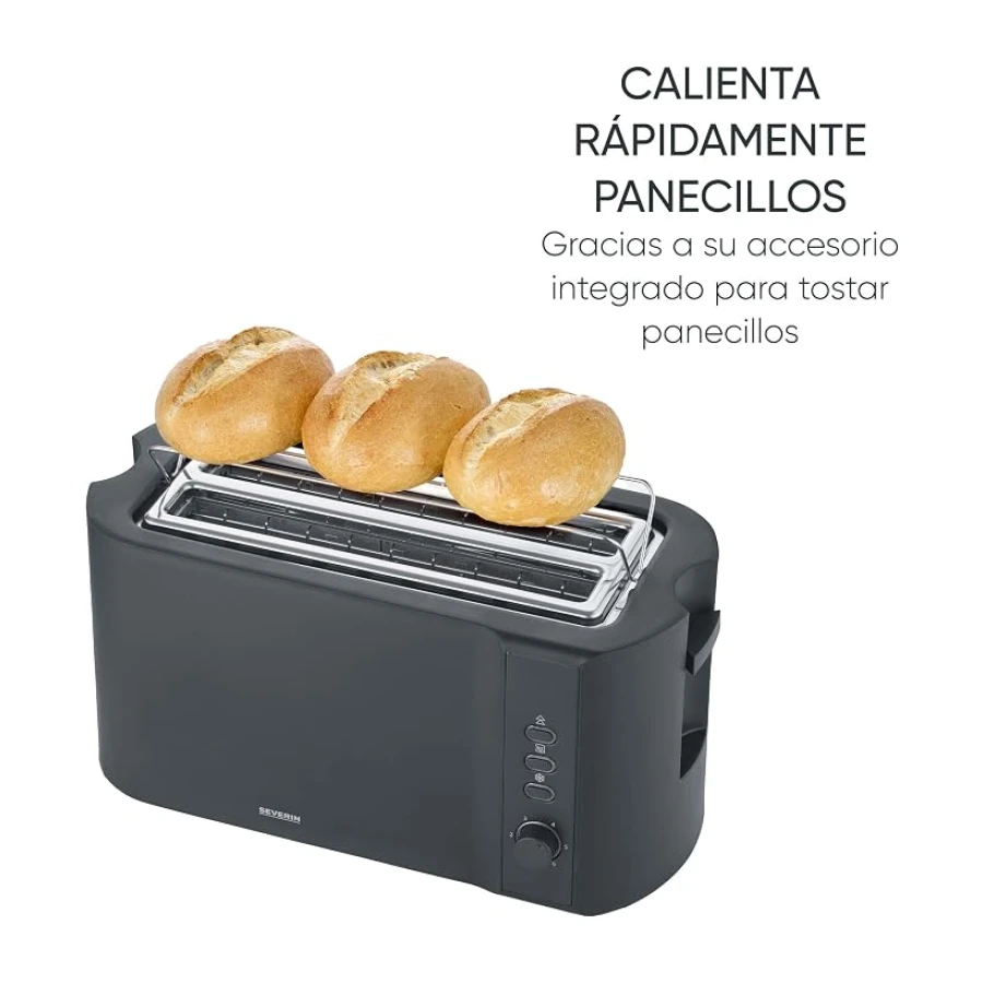 Severin Tostadora de ranura larga, 4 rebanadas con accesorio integrado para panecillos, 2 ranuras de tostado largas, niveles de calentamiento ajustables, 1.400 W, negro mate, AT 2591