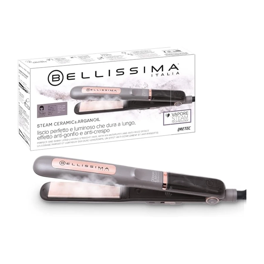Bellissima Steam Ceramic & Argan Oil Plancha de Vapor, Revestimiento de Cerámica y Aceite de Argán, 3 Niveles, Calentamiento Rápido, Placas Básculantes, Apagado Automático