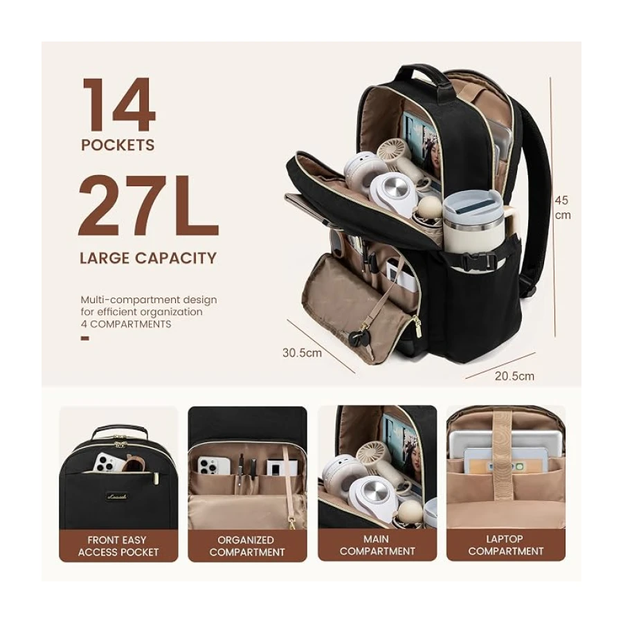 LOVEVOOK Mochila para portátil para mujeres con bolsillo para taza de gran capacidad, de 15,6 pulgadas, bolsa impermeable para trabajo, negocios, universidad, profesora.