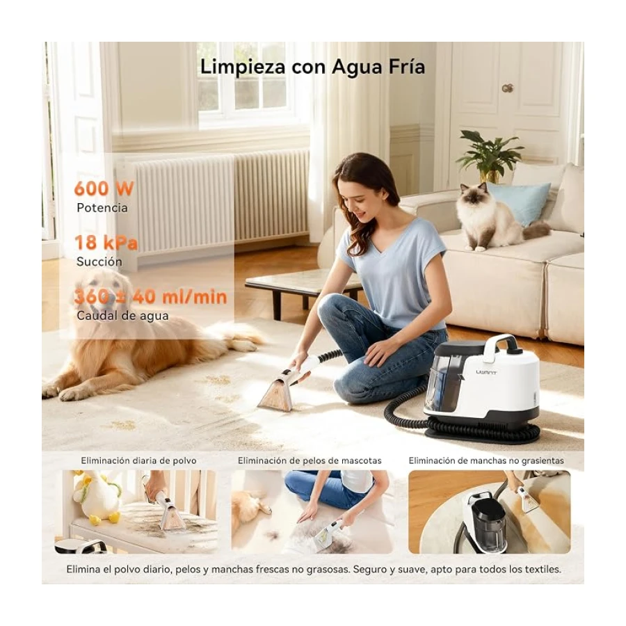 Uwant Y100S Limpiador Tapicerias Vapor 3en1, 1750W 18kPa Aspiradora de Agua | 2 dep. 1.2L, Manguera Autolimpiable, Cepillo 2en1 reversible/Vapor/Zapatos, sofá/coche/cocina, Frío/65°C Cal./100°C Vapor