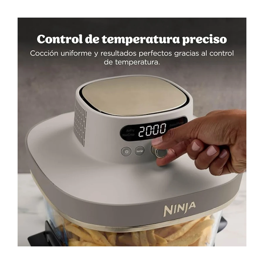 Ninja CRISPi PRO XL, Freidora de Aire, Dorado Piedra, AS090EUSD | 5 Funciones de Cocción Predefinidas, Recipientes de Cocción de Cristal CleanCrisp de 5,7 y 2,3 L y Tapas para Almacenamiento