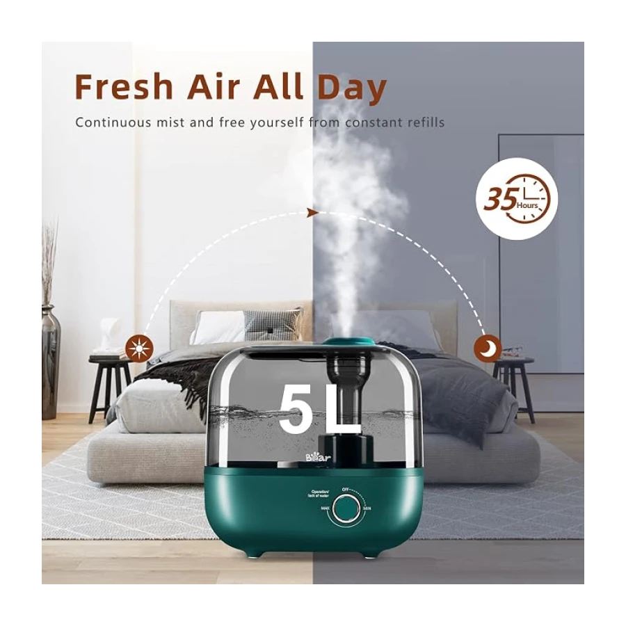 BEAR Top-Fill Humidificador 5L de Aromas, 28dB Ultra Silencioso para Bebés y Plantas, 35 Horas de Funcionamiento, con Bandeja de Aroma, Boquilla de Vapor Giratoria de 360°, Apagado Automático