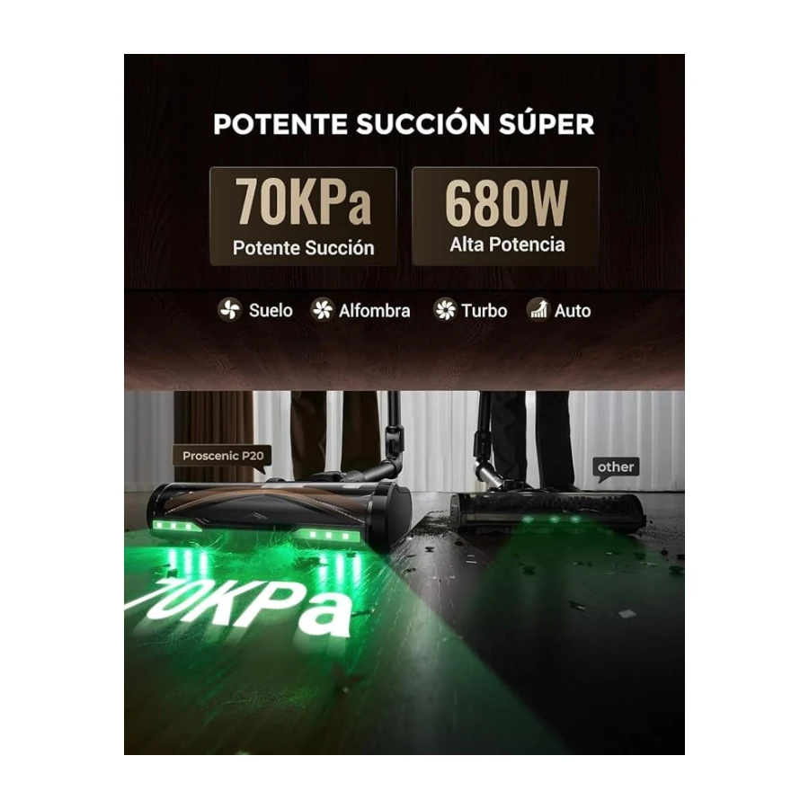 Proscenic Aspiradora sin Cable 70Mins/70kPa/680W, Autoportante y Plegable, con Cepillo Anti-Enredo y Depósito de Agua, Escoba Aspiradora sin Cable para Pelo de Mascotas/Suelos/Alfombras