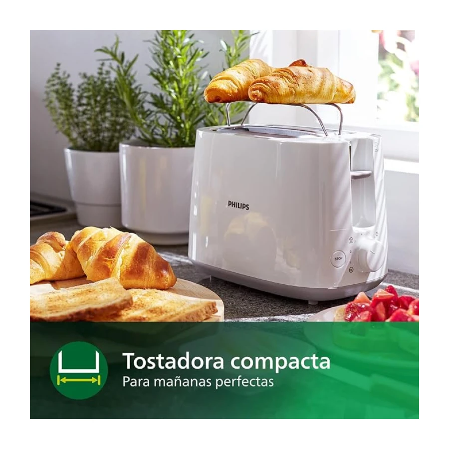 Philips Tostadora de pan 2 Ranuras, 8 Ajustes, Calientabollos, Blanco