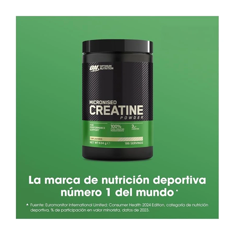 Optimum Nutrition Creatina Monohidrato Micronizada en Polvo, 634g | Sin Sabor,186 Porciones,Suplemento para Favorece la Fuerza y la Potencia Muscular, Pre y Post-Entrenamiento