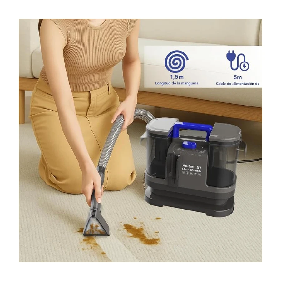 Akitas X7 600W Aspiradora de Agua Tapicería con Función de Autolimpieza Limpiador de Tapicerías Portátil 14kPa Pelos de Mascotas Sofás Colchones Alfombras Coches Depósito Doble