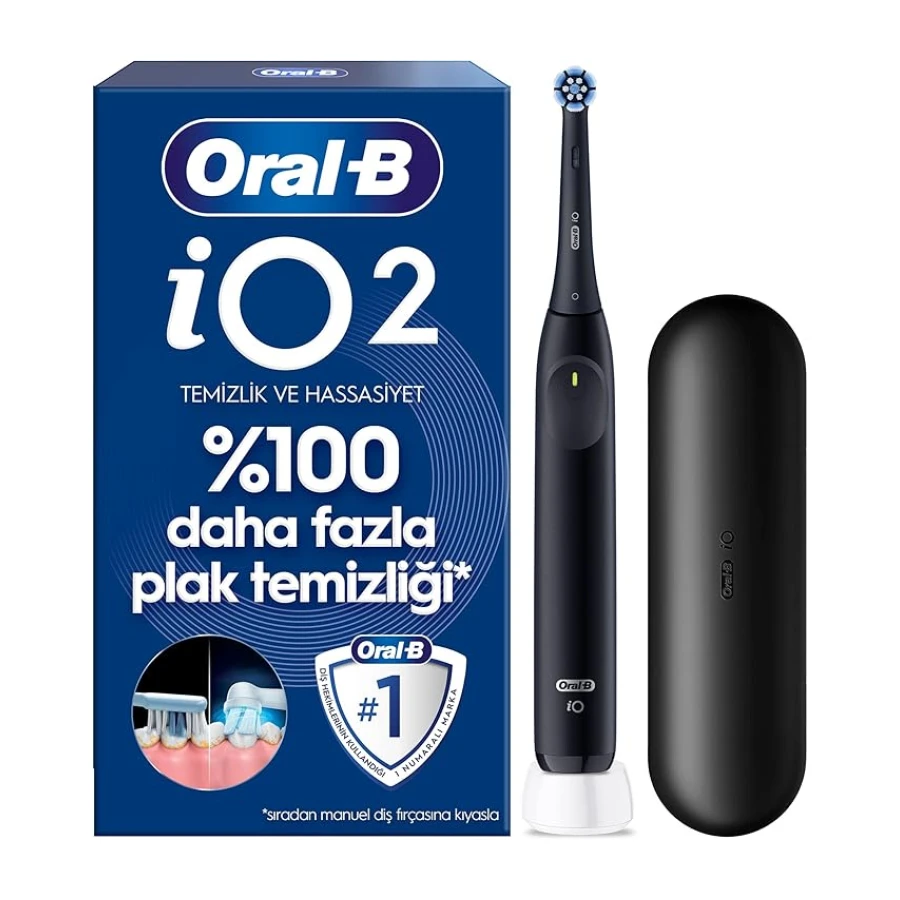 Oral-B iO2 Siyah Şarjlı/Elektrikli Diş Fırçası, 1 Fırça Başlığı, Tek Şarjda 4 Haftaya Varan Kullanım, Seyahat Kabı