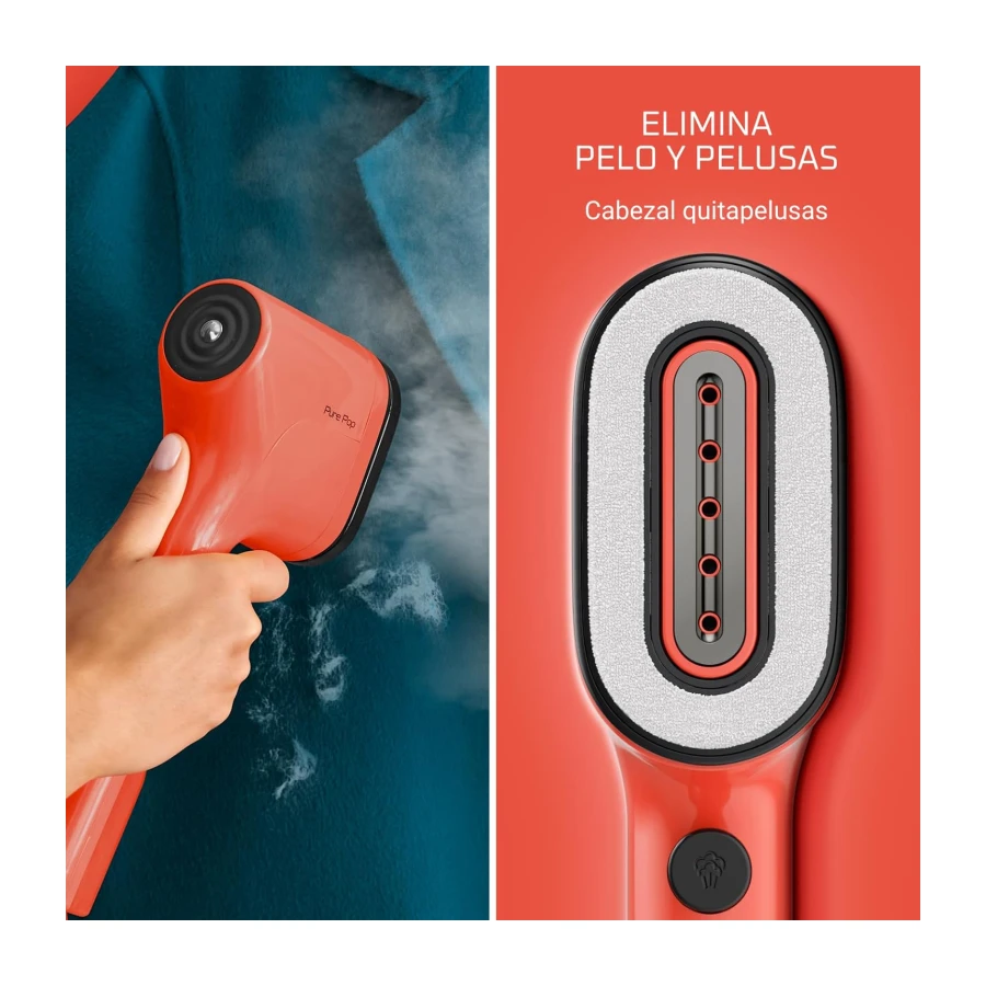 Rowenta Pure Pop - Plancha de vapor de 1300 W con salida de vapor de hasta 20 gr/min que plancha y purifica, elimina pelusas y pelo, cabezales reversibles, diseño para viaje, color coral, DR2022