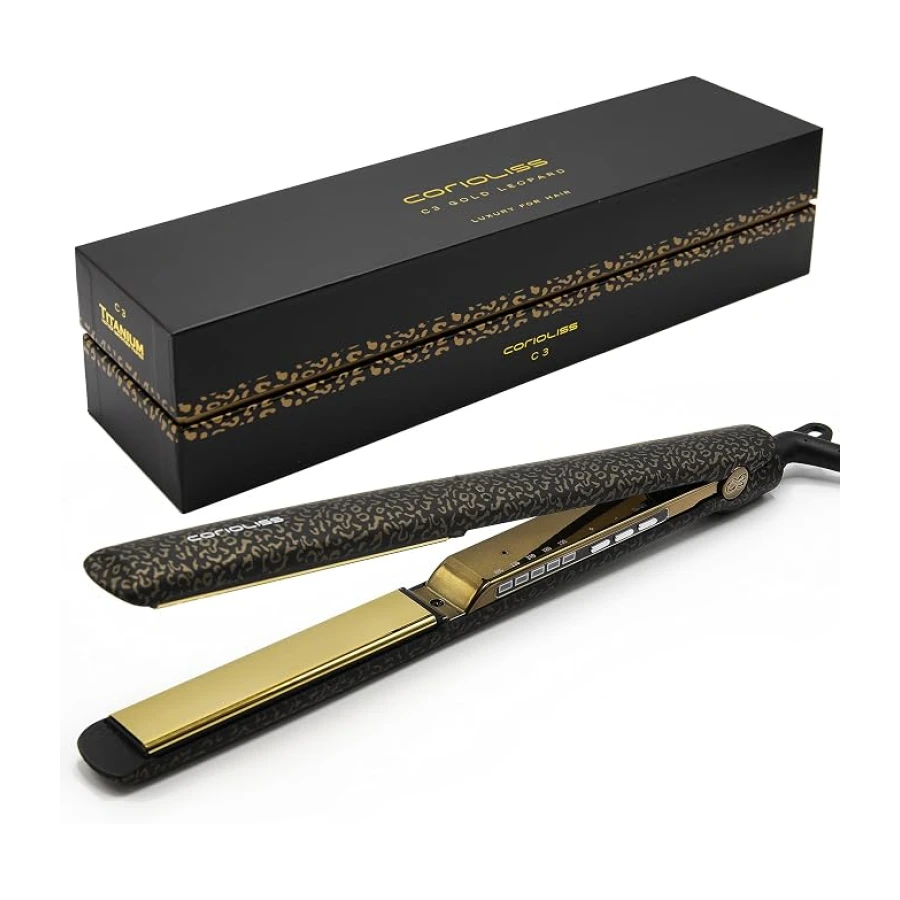 Corioliss C3 | Plancha del pelo Profesional | Placas extralargas de titanio | Alisado y Ondas | Temperatura ajustable 135º-235º | Calentamiento 20 seg | Con funda de Viaje | Leopard Gold
