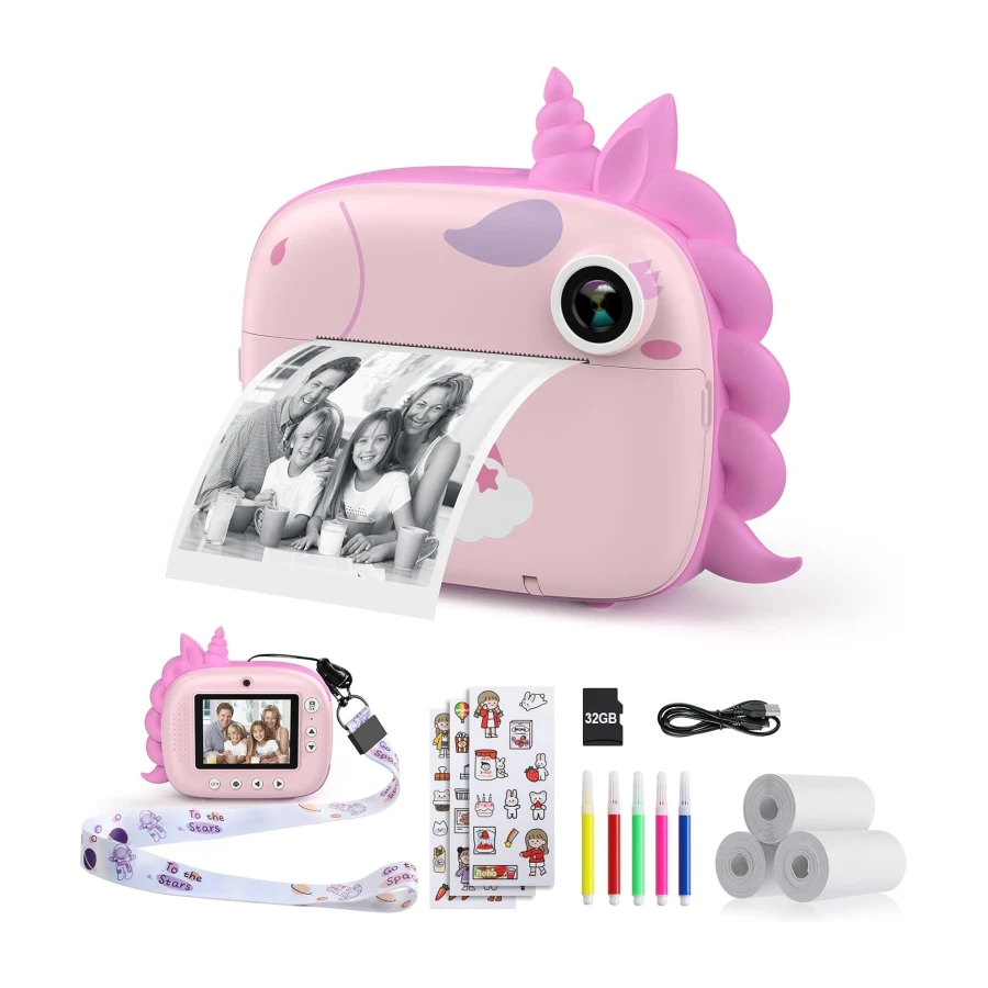 HiMont - Cámara infantil digital instantánea con papel de impresión y tarjeta TF de 32 GB, cámara de vídeo, lápices de colores, clips de fotos para manualidades, regalo, de 3 a 14 años, color rosa
