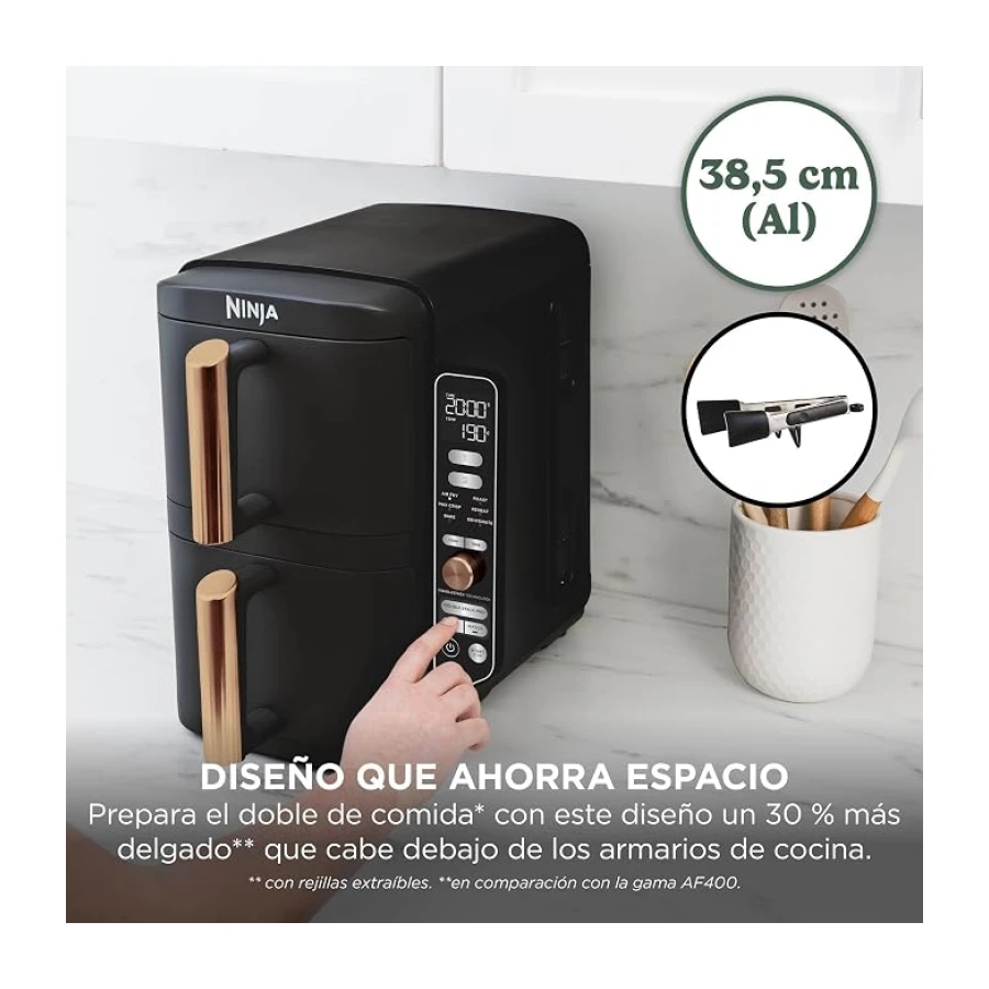 Ninja Double Stack XL, Freidora de Aire de 9,5L, Negro/cobre, SL400EUCP | Doble Cajón Vertical, 4 Niveles de Cocción, 2 Cajones y 2 Rejillas, Diseño Compacto, 6 Funciones, hasta 8 Porciones