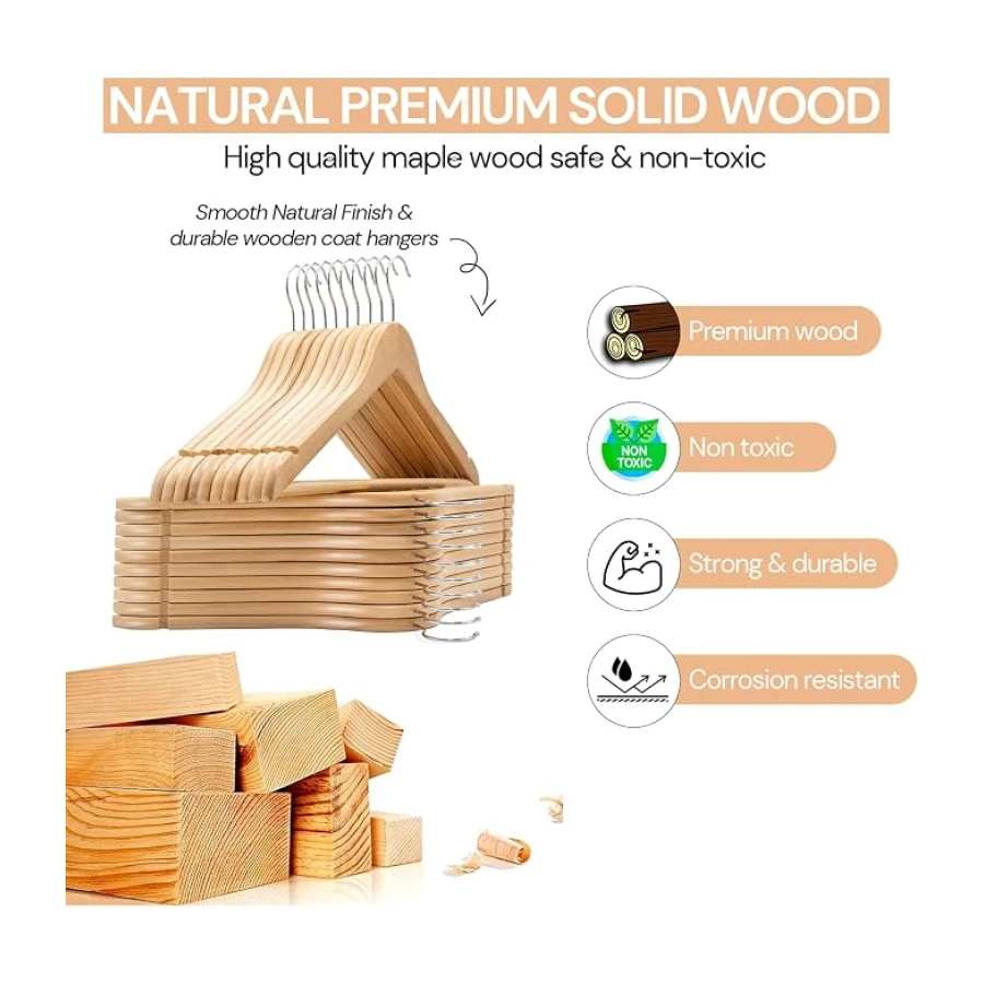 edihome, Perchas Madera, Pack de 20 ó 50, Acabado Liso y Barnizado, para Organizar Ropa, Gancho Giratorio 360, Ranuras para Hombros, de Madera Maciza (Natural, 20 Unidades)