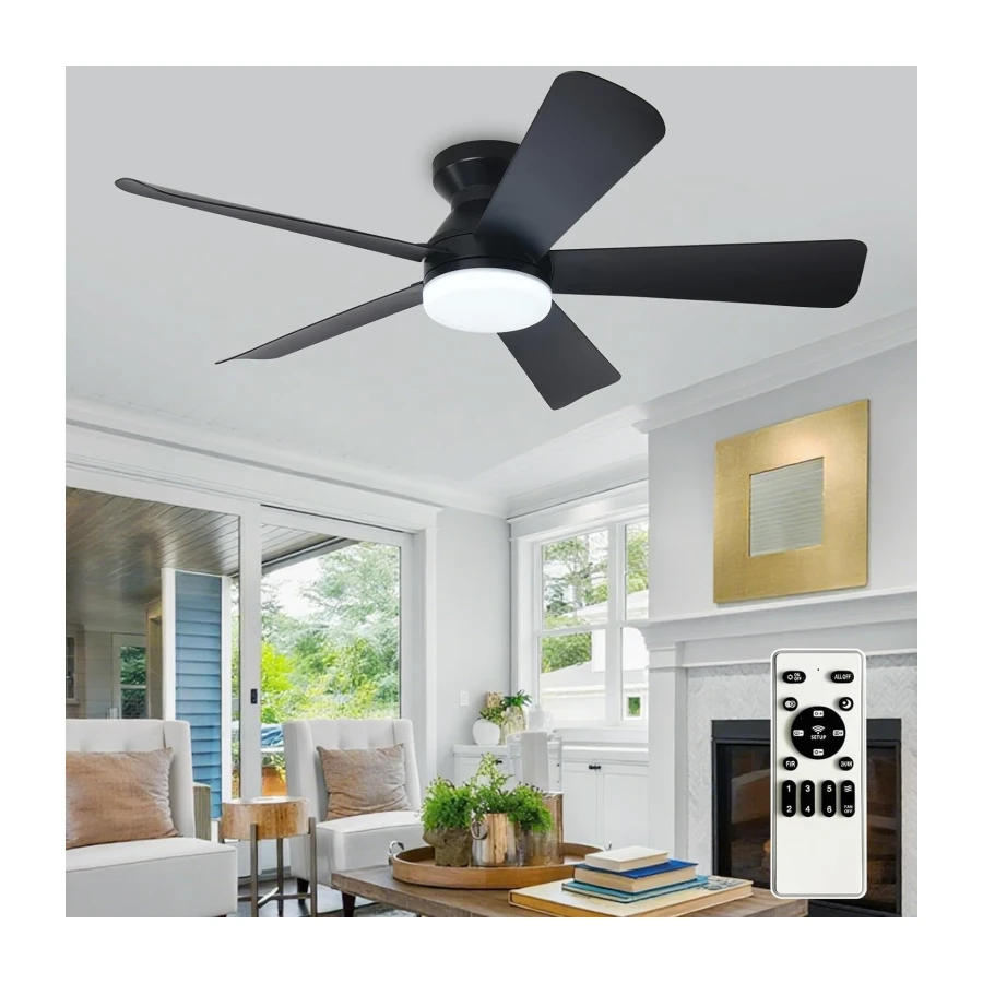Depuley Ventilador de techo moderno con luz: Ventiladores pequeños negros de 42 pulgadas para dormitorio - Ventiladores de techo empotrables regulables con mando a distancia 5 aspas negras invertidas [Clase de eficiencia energética F]
