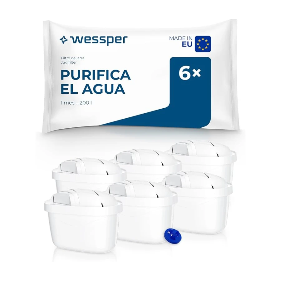 Filtro de agua Wessper para Brita Maxtra+, 6 paquetes de cartuchos con carbón activo y resina intercambiadora, compatible con jarra Brita Marella y Maxtra, WES003-6R