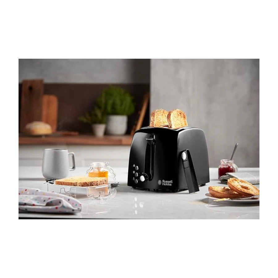 Russell Hobbs Tostadora Textures Plus - 2 Ranuras Cortas y Anchas, Tostador para 2 Rebanadas, Bandeja Recogemigas, Calientapanecillos, Función Cancelar y Descongelar, Negro - 22601-56