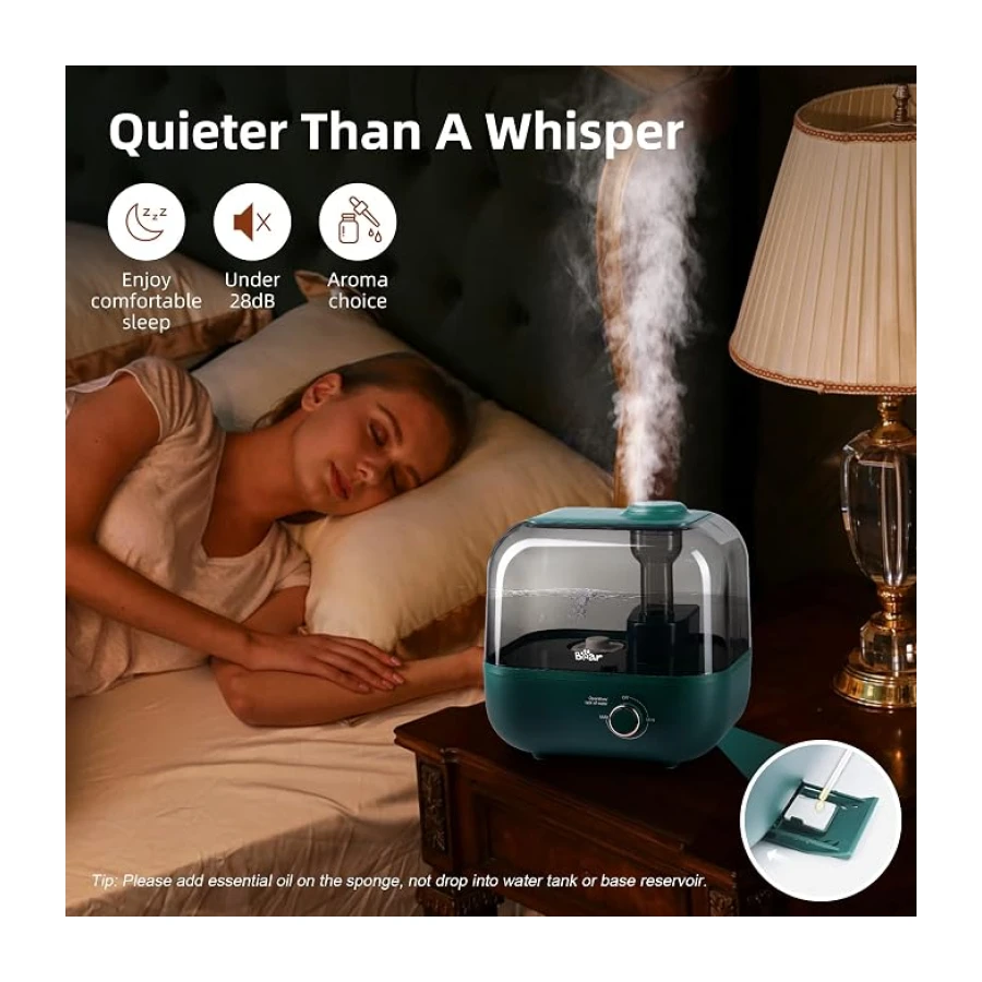 BEAR Top-Fill Humidificador 5L de Aromas, 28dB Ultra Silencioso para Bebés y Plantas, 35 Horas de Funcionamiento, con Bandeja de Aroma, Boquilla de Vapor Giratoria de 360°, Apagado Automático