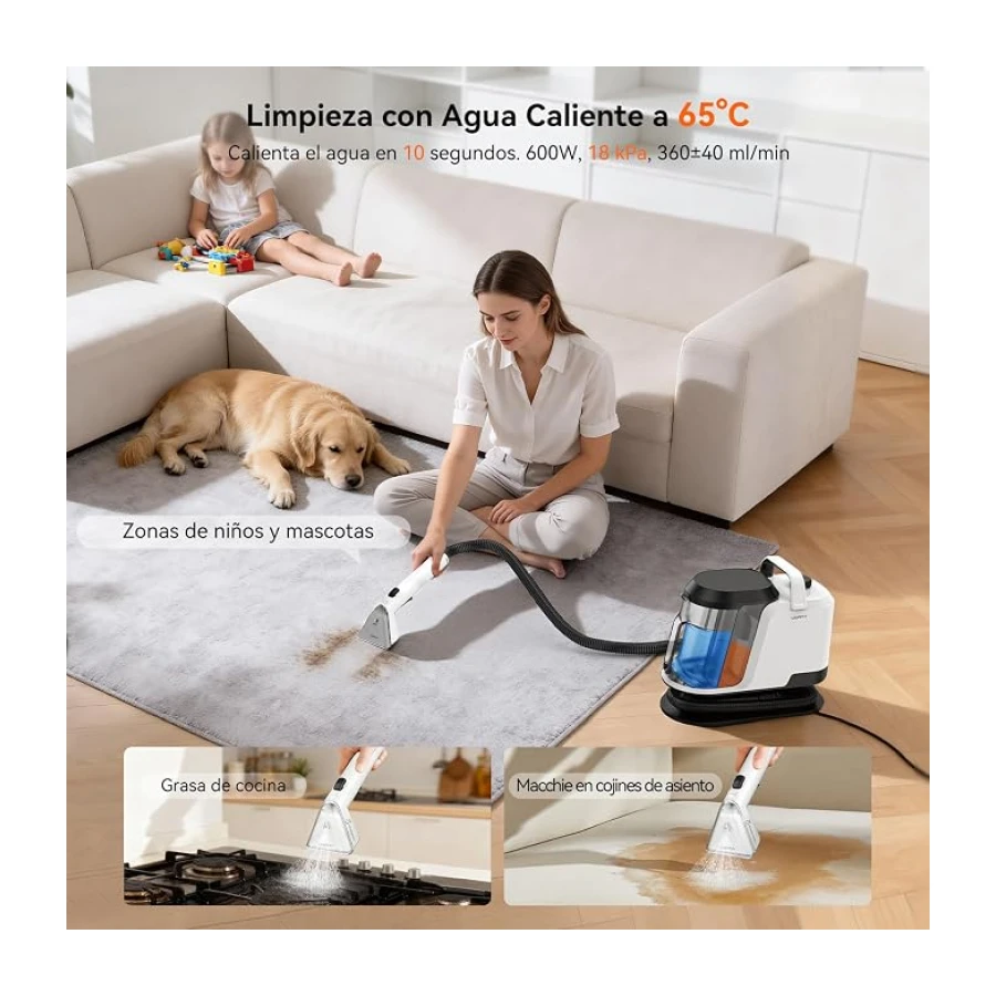 Uwant Y100S Limpiador Tapicerias Vapor 3en1, 1750W 18kPa Aspiradora de Agua | 2 dep. 1.2L, Manguera Autolimpiable, Cepillo 2en1 reversible/Vapor/Zapatos, sofá/coche/cocina, Frío/65°C Cal./100°C Vapor