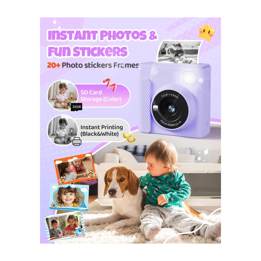 TIATUA Camara Fotos Infantil Instantanea, 2,4 Pulgada 1080P Cámara de Fotos Instantánea con Tarjeta de 32 GB y Papel Fotográfico, Regalo para Niños de 3 a 12 Años