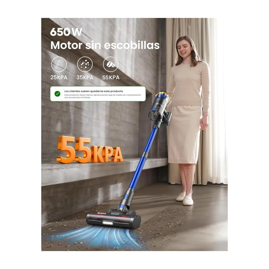 Aspiradora sin Cable 55Kpa/650W/65Min para Suelos/Alfombras/Pelo de Animale