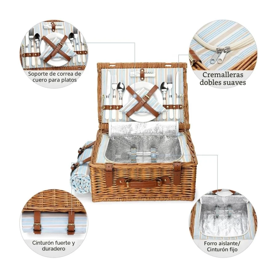 Juego de cesta de picnic para 2 personas, cesta de sauce con gran compartimento térmico aislante, manta impermeable y kit de servicio de cubiertos, marrón clásico
