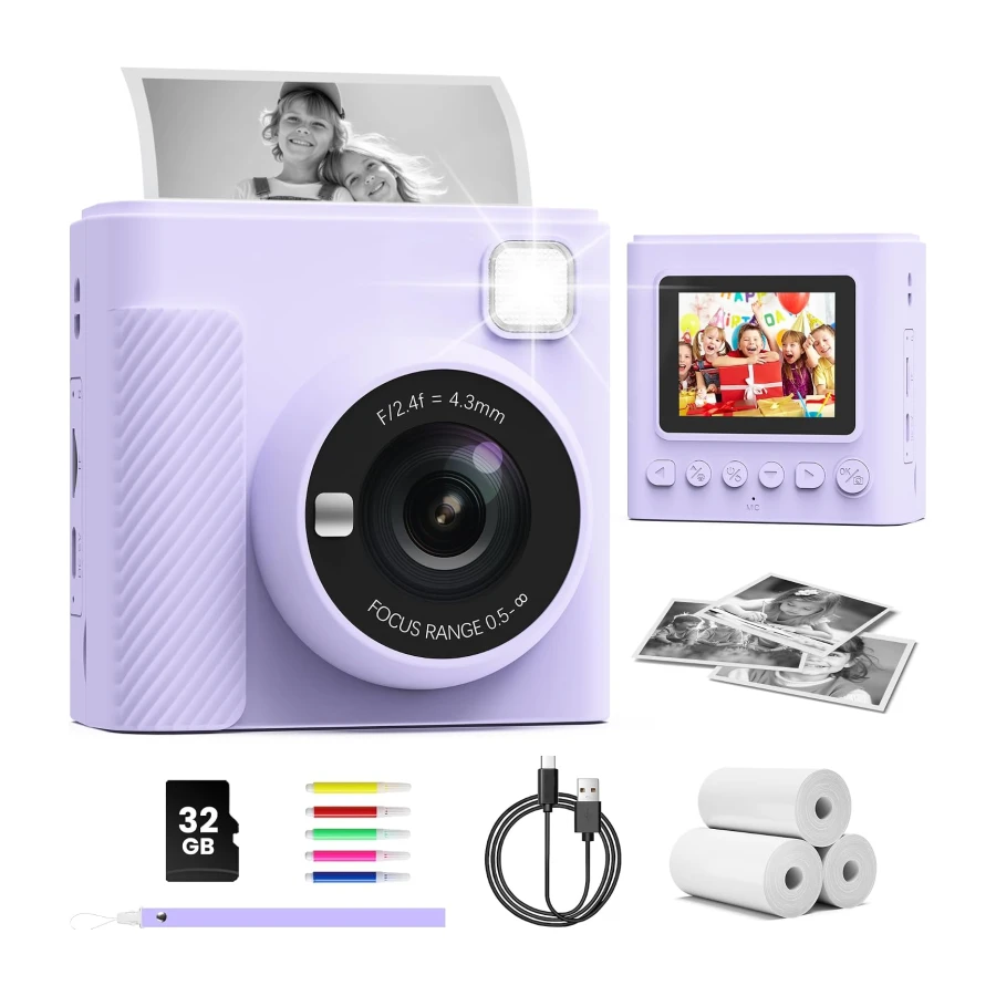 TIATUA Camara Fotos Infantil Instantanea, 2,4 Pulgada 1080P Cámara de Fotos Instantánea con Tarjeta de 32 GB y Papel Fotográfico, Regalo para Niños de 3 a 12 Años