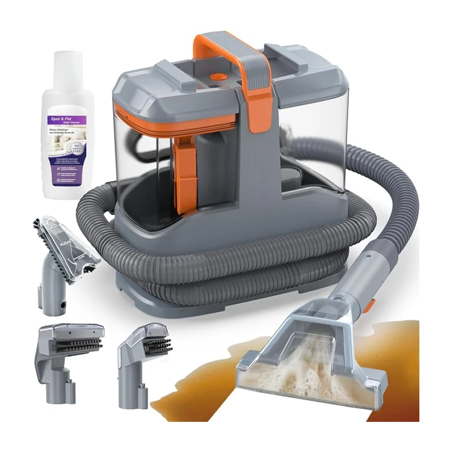 Limpiador de Tapicerías 450W 13kPa, Aspiradora de Agua para Tapicería y Sofá, Máquina para Limpiar Sofás, Alfombras y Colchones, con 3 Cepillos y Doble Depósito Autolimpiable, Portátil 2,6kg